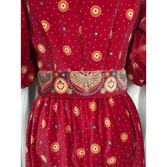 VTG Victor‎ Costa Red Velveteen Midi Party Dress Womens 10 Belted Puff Gold EUC